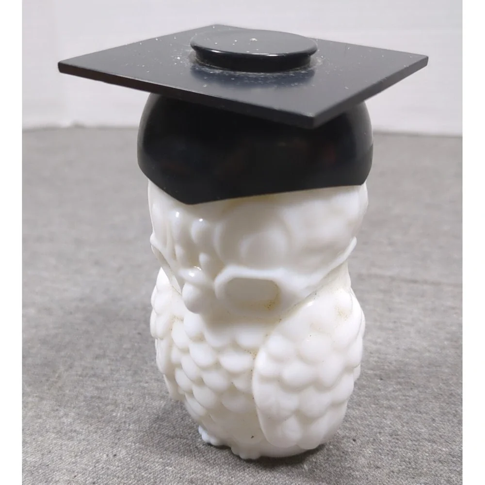 Vtg Avon White Milk Glass Graduate Black Mortarboard Eyeglasses Owl Empty Bottle